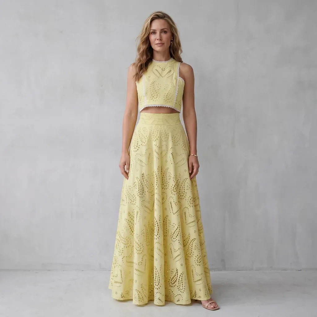 Eyelet Maxi Skirt Set with Crop Top Yellow 6