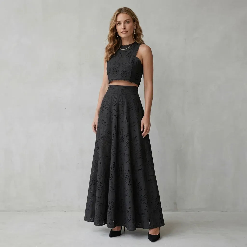 Eyelet Maxi Skirt Set with Crop Top Black 7