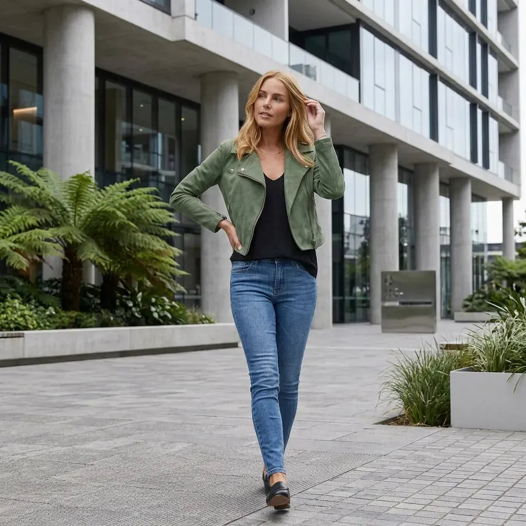 Faux Suede Cropped Biker Jacket Green 1