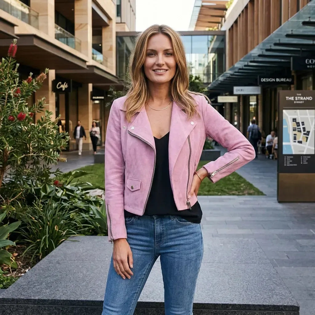 Faux Suede Cropped Biker Jacket Pink 2