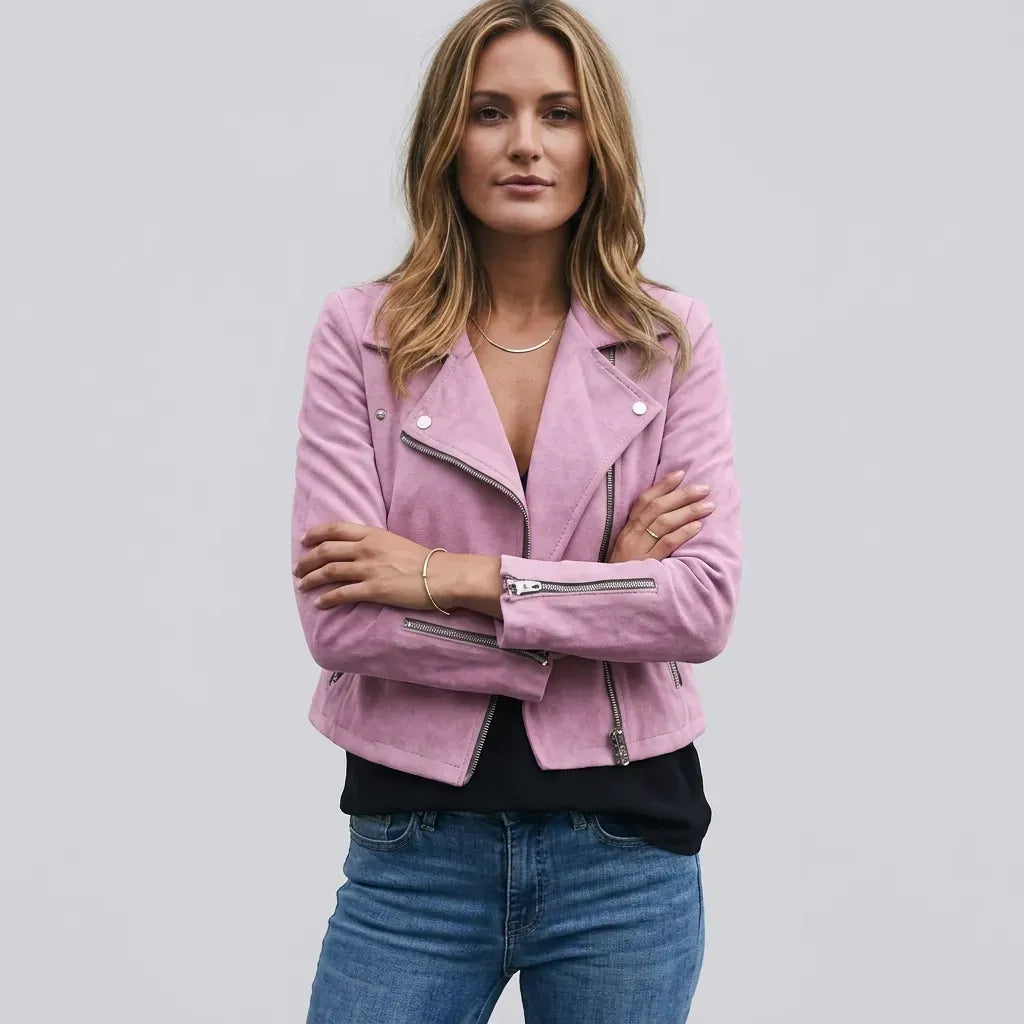 Faux Suede Cropped Biker Jacket Pink 3