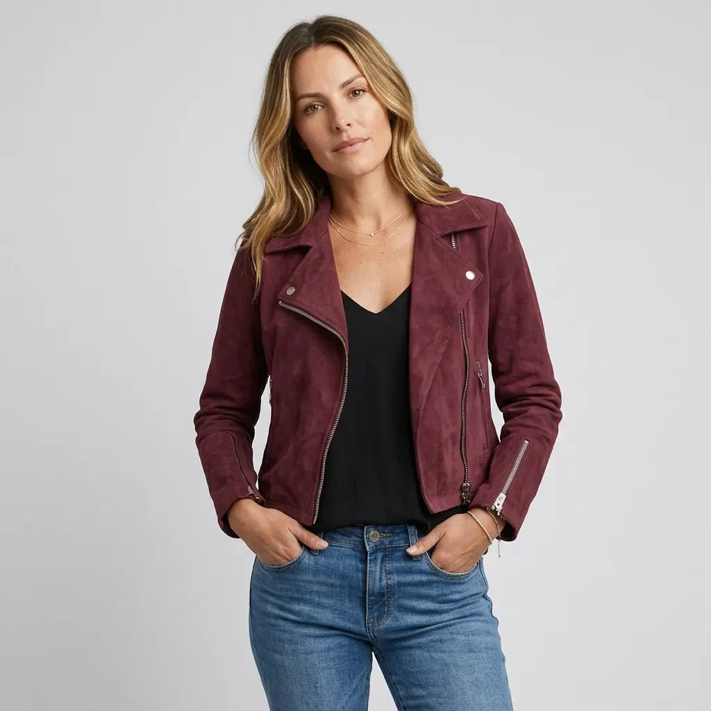 Faux Suede Cropped Biker Jacket Red 4