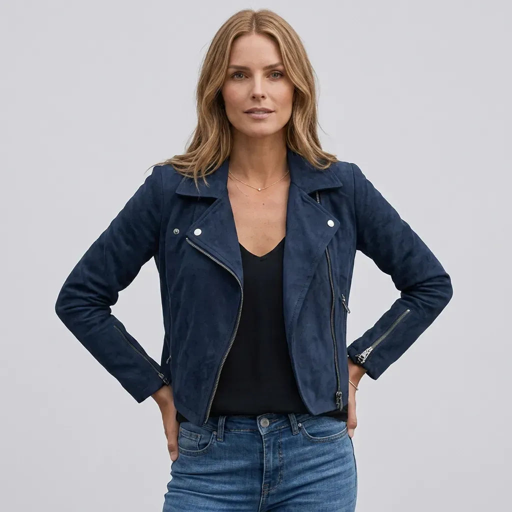 Faux Suede Cropped Biker Jacket Navy 7