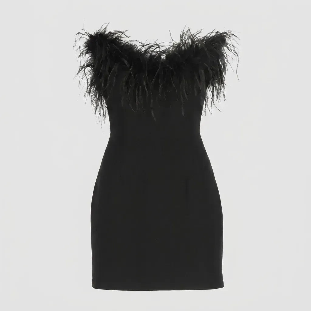 Feather Trim Bodycon Cocktail Dress Black 4