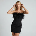 Feather Trim Bodycon Cocktail Dress Black 6