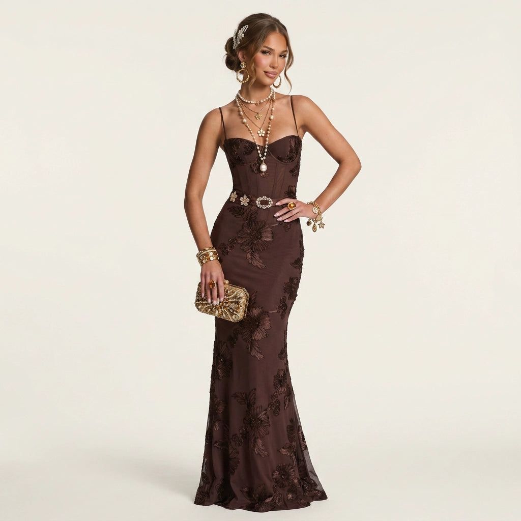 Figure-Hugging Full-Length Maxi Dress in Brown – 6