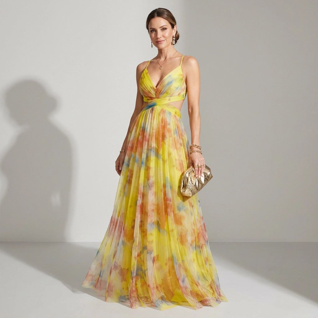 Fine Tulle A-Line Maxi Dress with Cut-Out and Floral Print in Yellow – 1