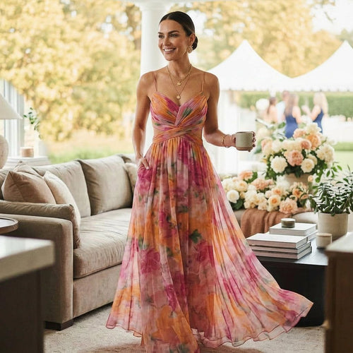 Fine Tulle A-Line Maxi Dress with Cut-Out and Floral Print in Orange – 2