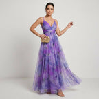 Fine Tulle A-Line Maxi Dress with Cut-Out and Floral Print in Purple – 3