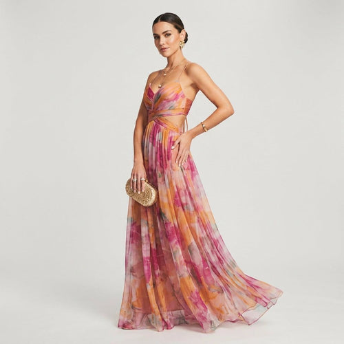 Fine Tulle A-Line Maxi Dress with Cut-Out and Floral Print in Pink – 5