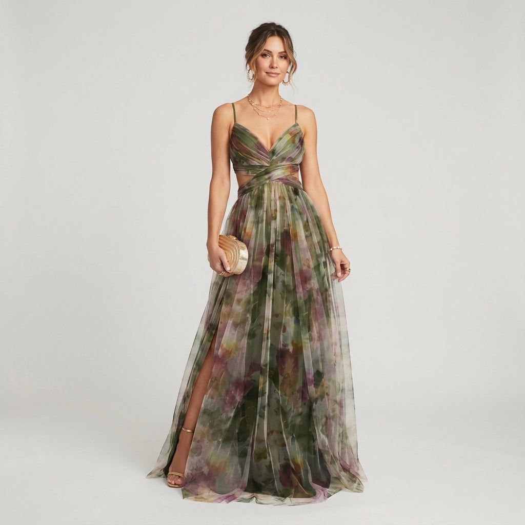 Fine Tulle A-Line Maxi Dress with Cut-Out and Floral Print in Green – 6