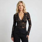 Fitted Floral Lace Long Sleeve Top with V-Neck Black 3