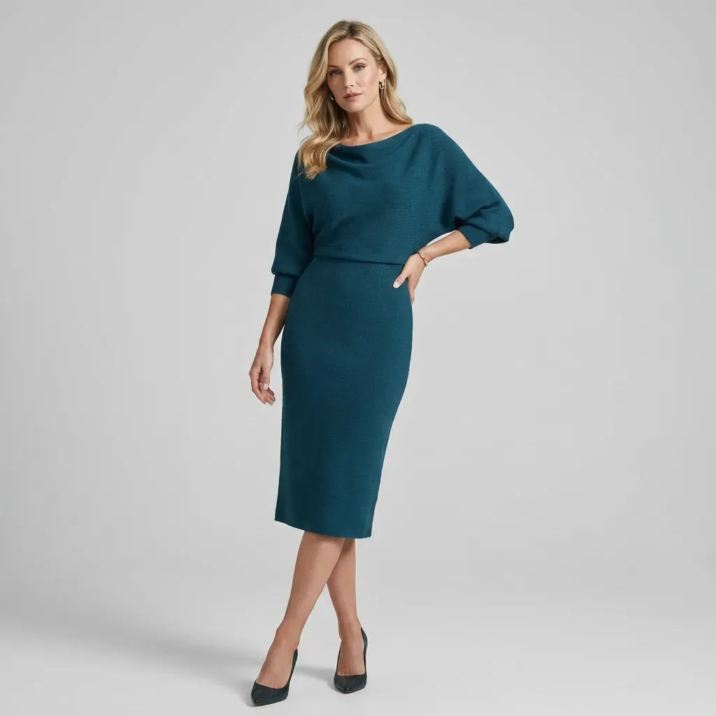 Fitted Pleated Winter Dress Midi Length Blue 1