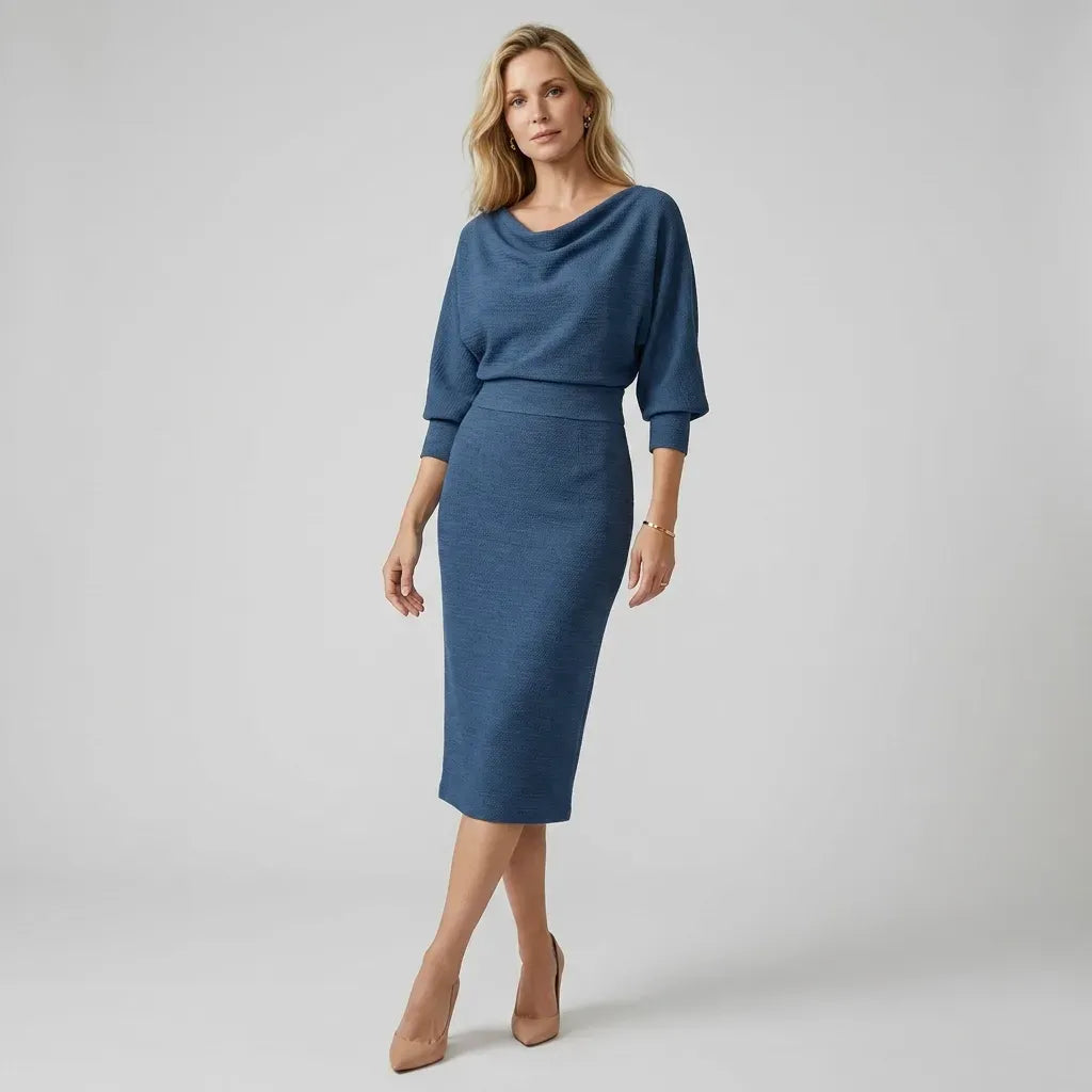 Fitted Pleated Winter Dress Midi Length Denim 11