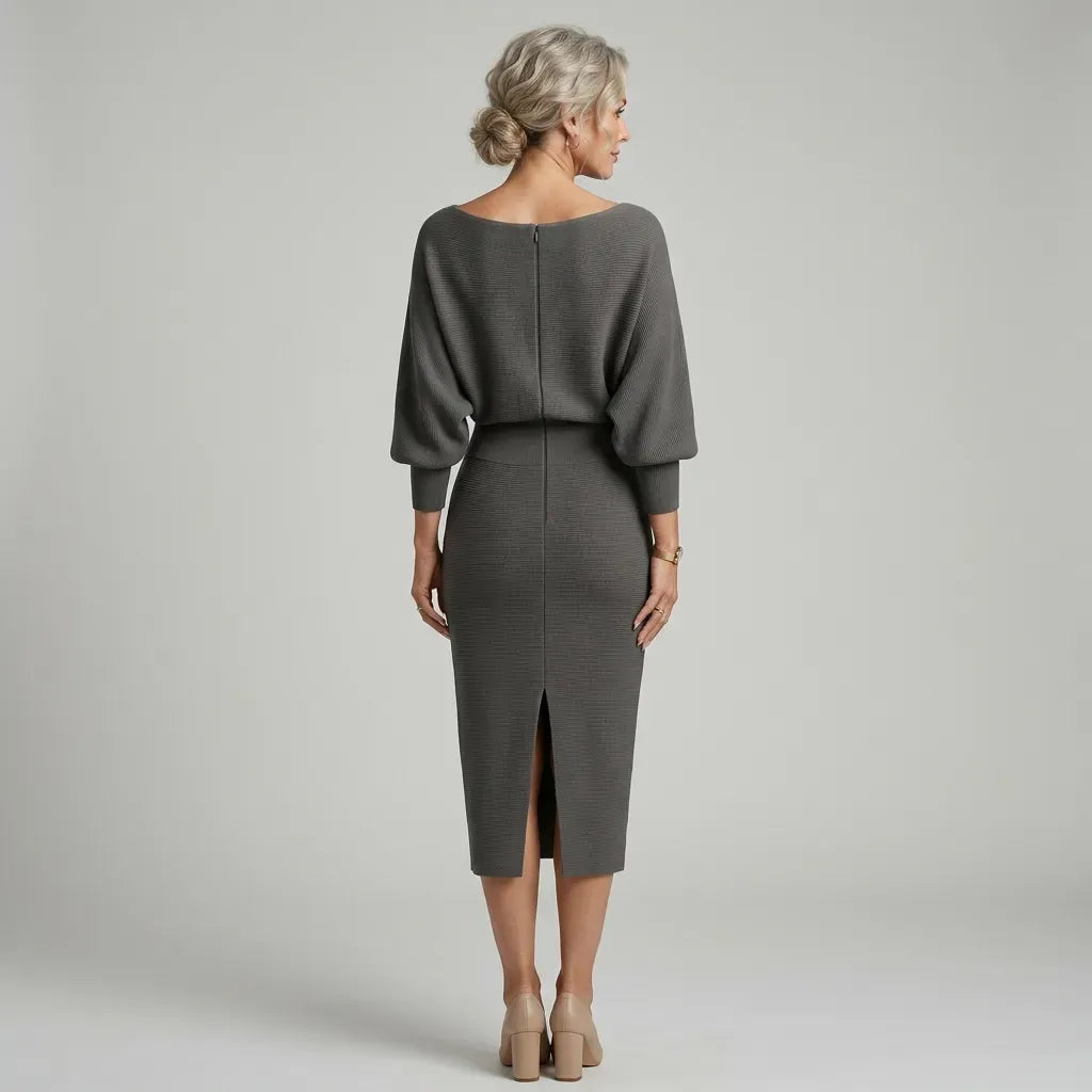 Fitted Pleated Winter Dress Midi Length Grey 7