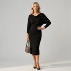 Fitted Pleated Winter Dress Midi Length Black 9