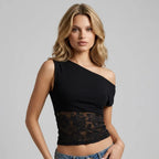 Fitted One Shoulder Top Cropped Lace Black 4