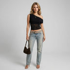Fitted One Shoulder Top Cropped Lace Black 5