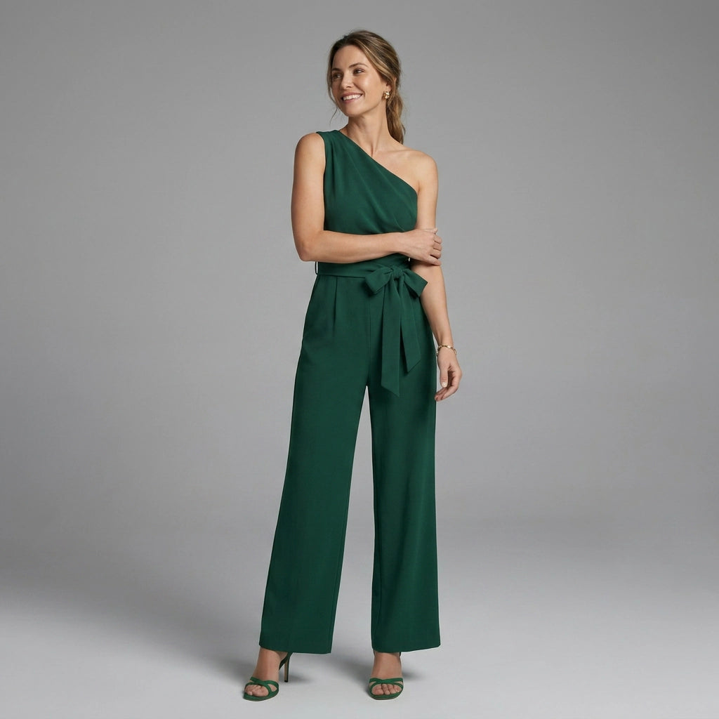 Fitted One Shoulder Jumpsuit with Wide Leg Dark Green 4