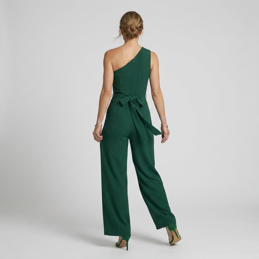 Fitted One Shoulder Jumpsuit with Wide Leg Dark Green 6