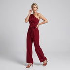 Fitted One Shoulder Jumpsuit with Wide Leg Dark Red 8