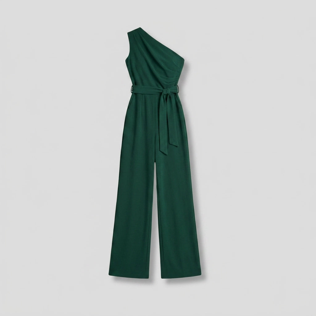 Fitted One Shoulder Jumpsuit with Wide Leg Dark Green 9