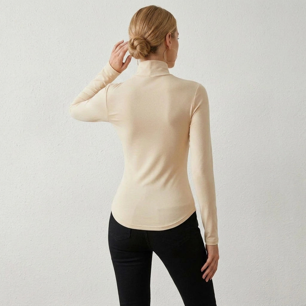 Fitted Long Sleeve Top with Mock Neck Beige 1