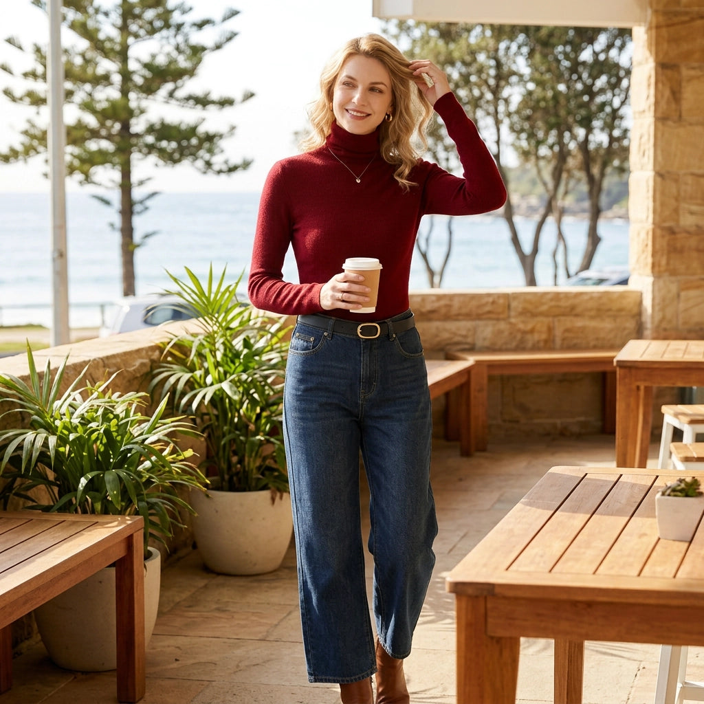 Fitted Ribbed Long Sleeve Top with Turtleneck Dark Red 2