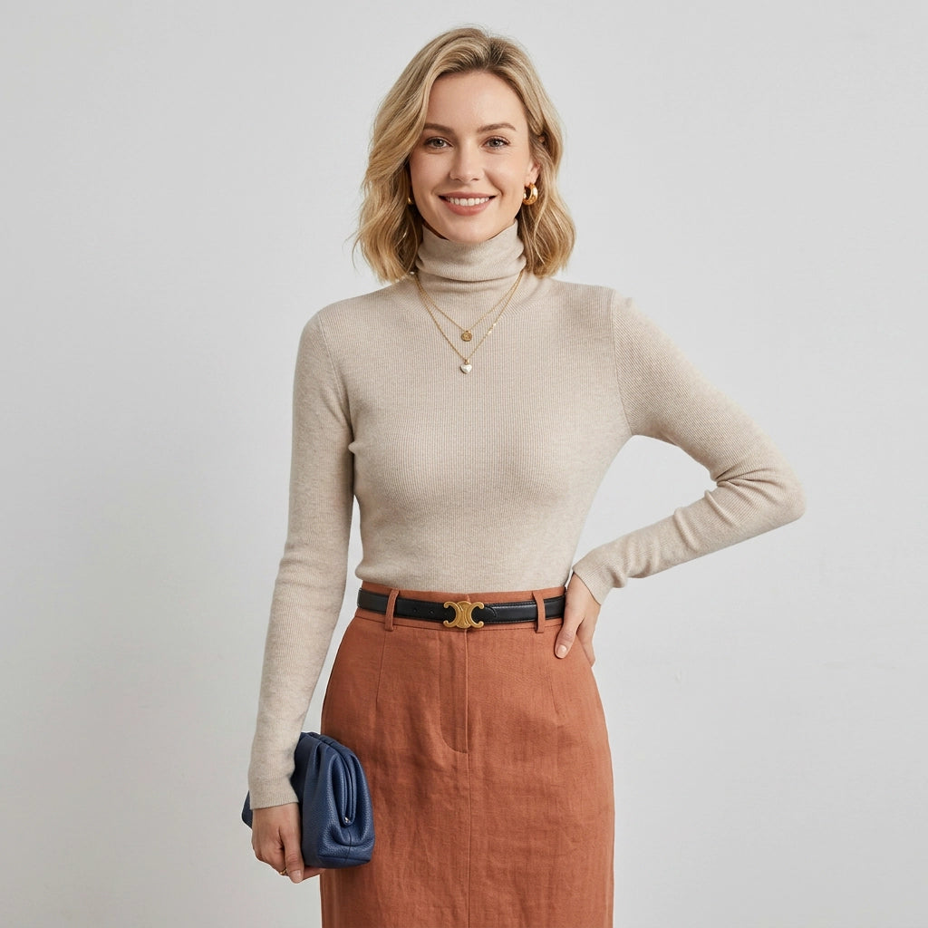 Fitted Ribbed Long Sleeve Top with Turtleneck Khaki 6