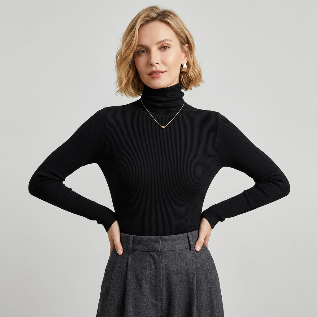 Fitted Ribbed Long Sleeve Top with Turtleneck Black 8