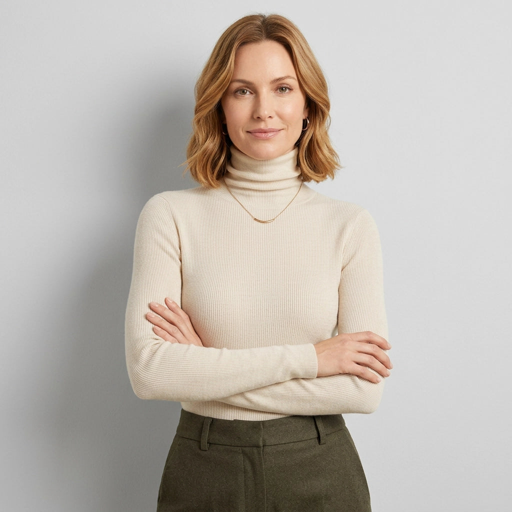 Fitted Ribbed Long Sleeve Top with Turtleneck Beige 9