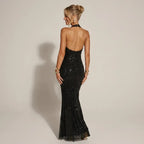 Fitted Sequin Formal Maxi Dress with Halter Neck Black 1