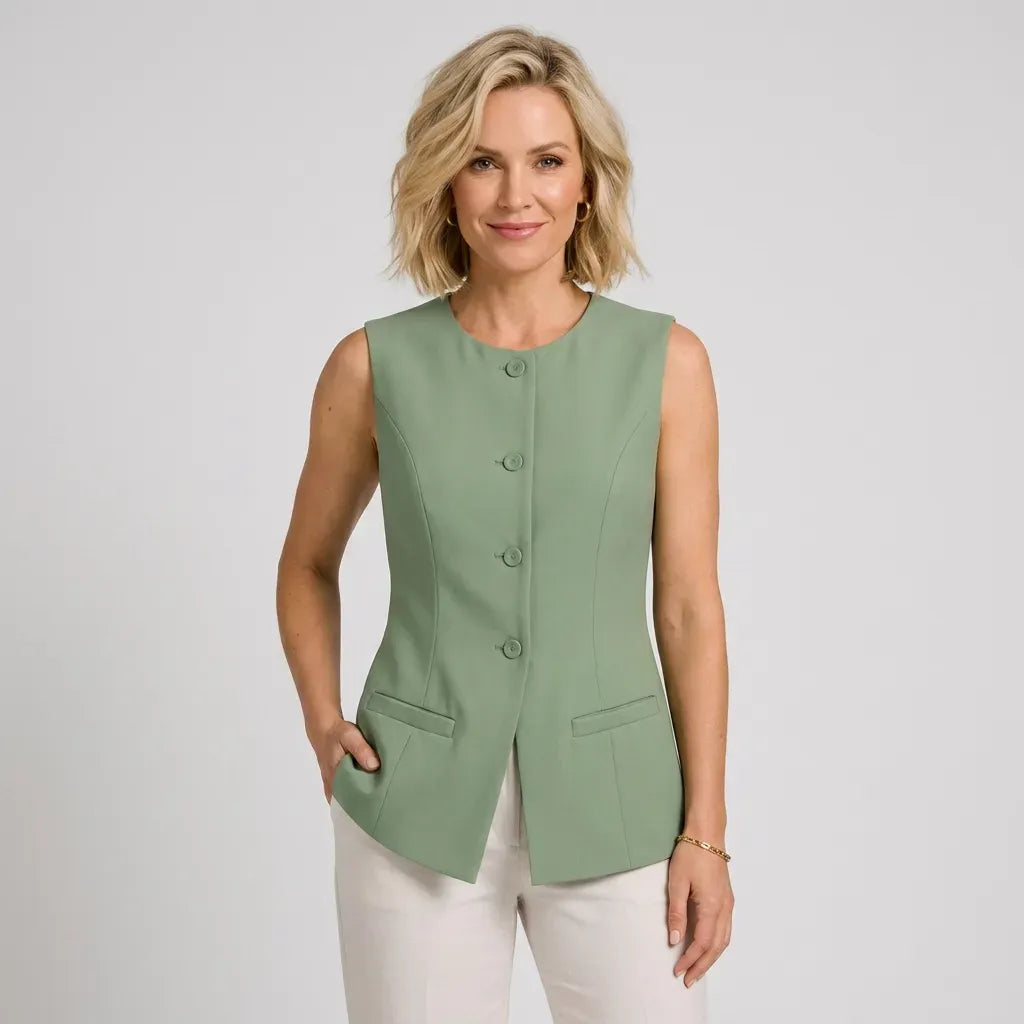 Fitted Sleeveless Waistcoat with Buttons Green 4