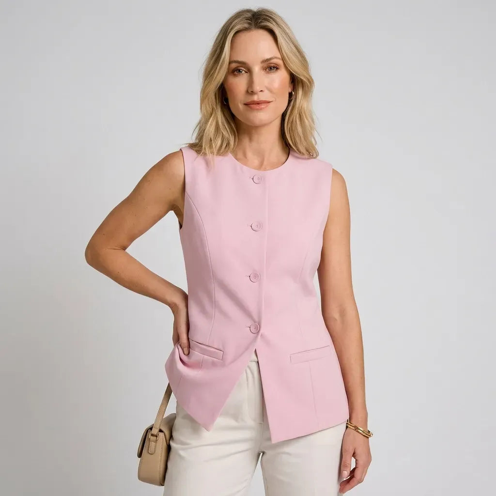Fitted Sleeveless Waistcoat with Buttons Pink 5