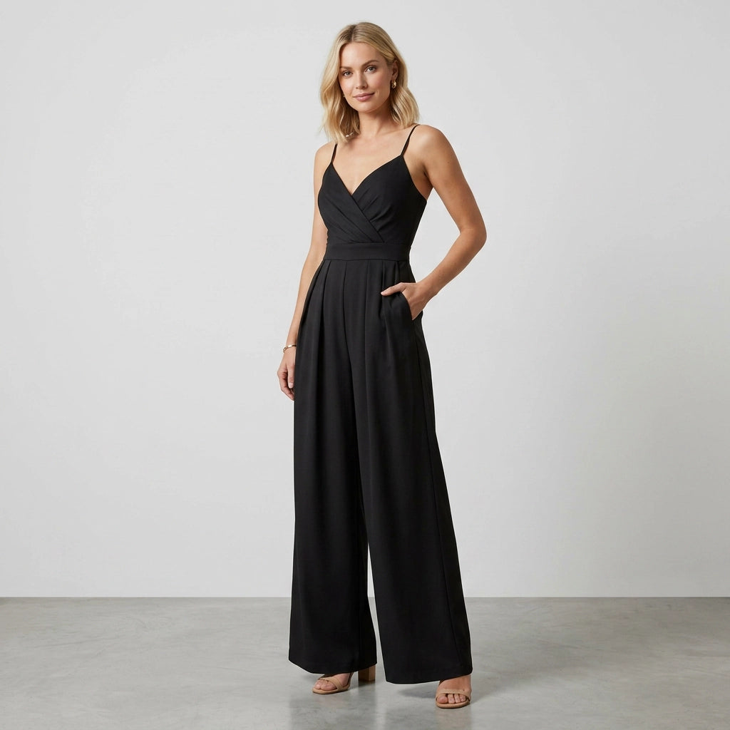 Fitted Wide Leg Jumpsuit with Spaghetti Straps Black 10