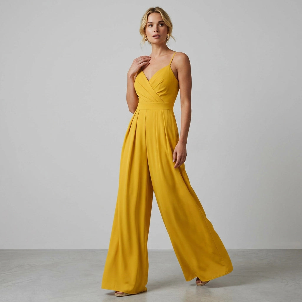 Fitted Wide Leg Jumpsuit with Spaghetti Straps Yellow 5