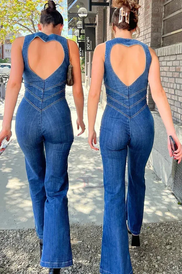 Long Leg Flare Jumpsuit with Plunge Neck Dark Blue 1