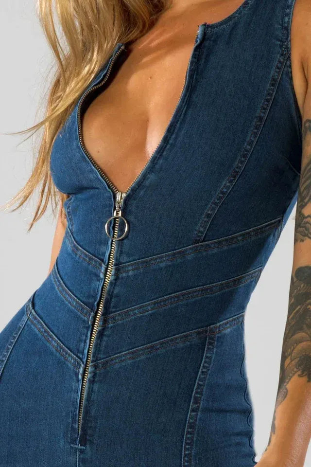 Long Leg Flare Jumpsuit with Plunge Neck Dark Blue 3