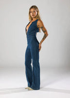 Long Leg Flare Jumpsuit with Plunge Neck Dark Blue 4