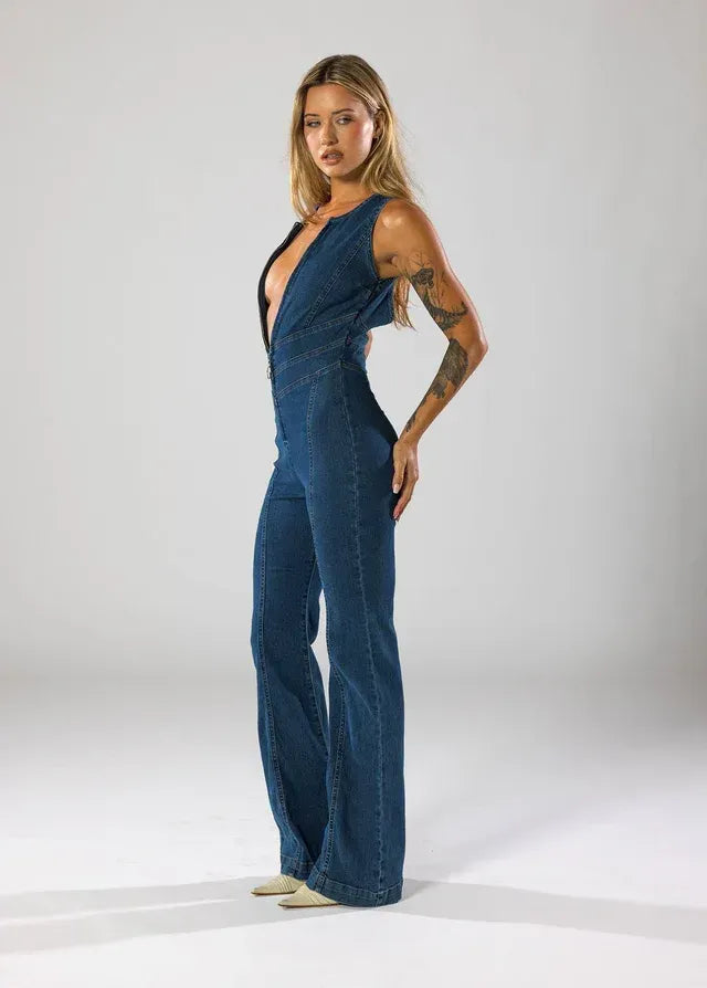 Long Leg Flare Jumpsuit with Plunge Neck Dark Blue 4