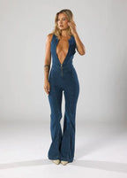 Long Leg Flare Jumpsuit with Plunge Neck Dark Blue 5