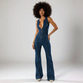 Long Leg Flare Jumpsuit with Plunge Neck Dark Blue 6