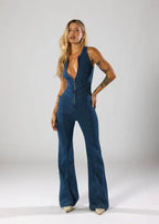 Long Leg Flare Jumpsuit with Plunge Neck Dark Blue 6