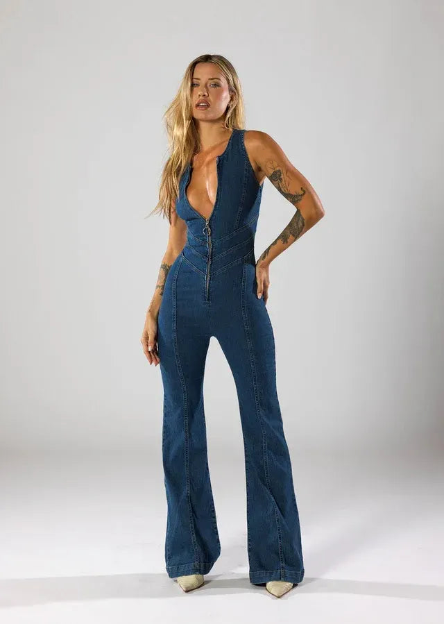 Long Leg Flare Jumpsuit with Plunge Neck Dark Blue 6