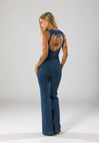 Long Leg Flare Jumpsuit with Plunge Neck Dark Blue 7