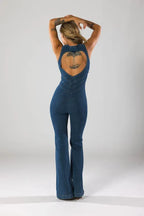Long Leg Flare Jumpsuit with Plunge Neck Dark Blue 8