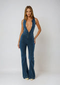 Long Leg Flare Jumpsuit with Plunge Neck Dark Blue 9
