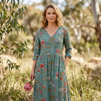 Floral Boho Dress with Pockets, V-Neck Green 1