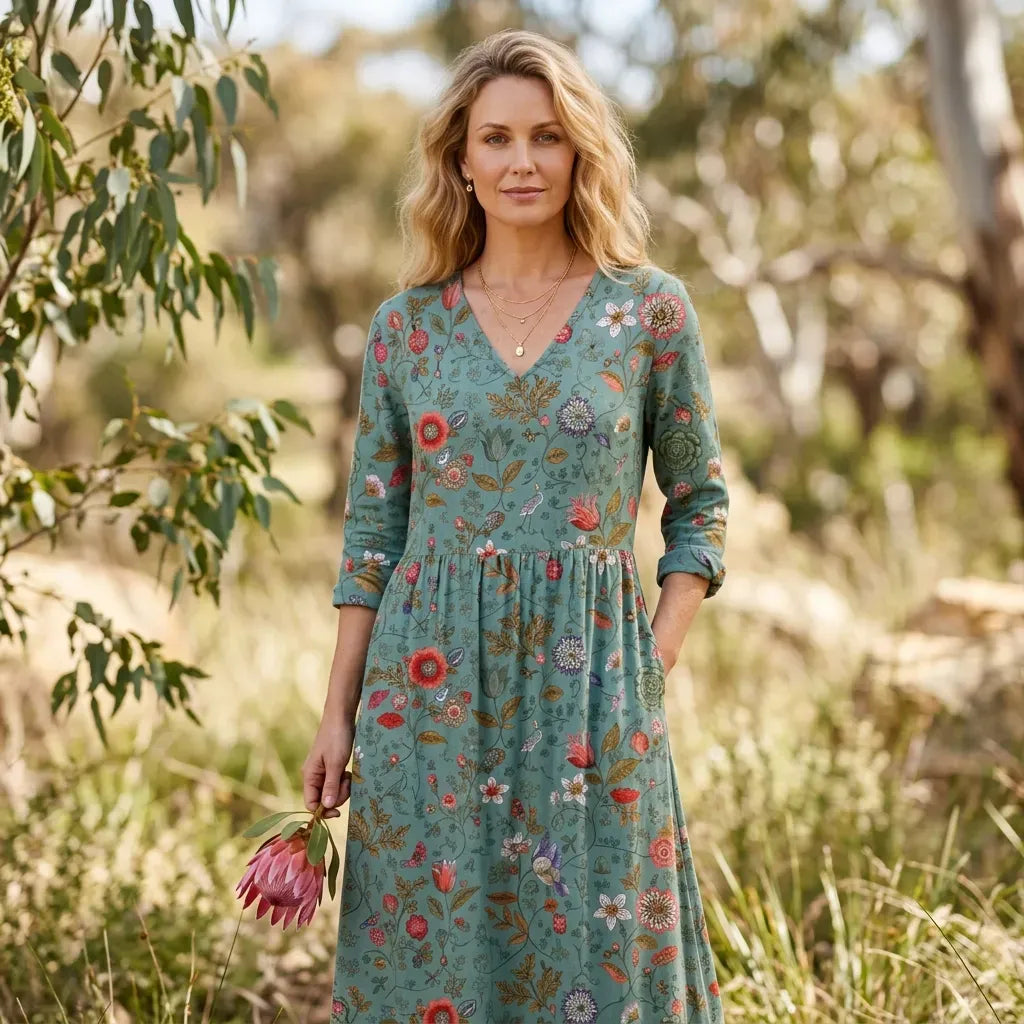 Floral Boho Dress with Pockets, V-Neck Green 1