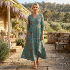 Floral Boho Dress with Pockets, V-Neck Green 2